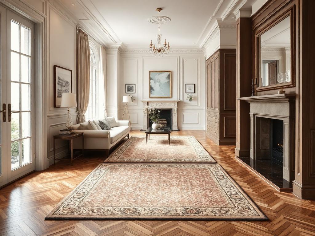 Herringbone wood flooring with a patterned area rug