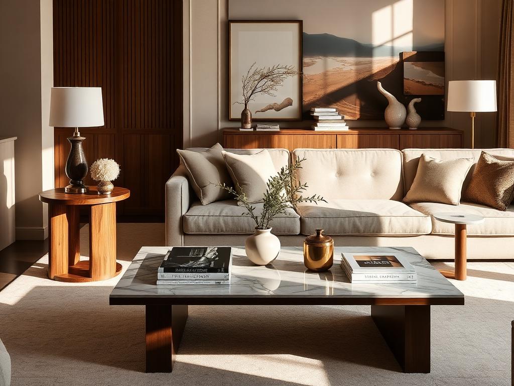 Marble coffee table styled in a refined living room vignette